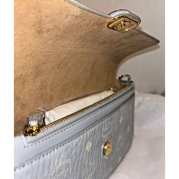 MCM Crossbody Purse Gray Leather Chic Preppy Designer Understated Gold Quiet Lux - Picture 11 of 15